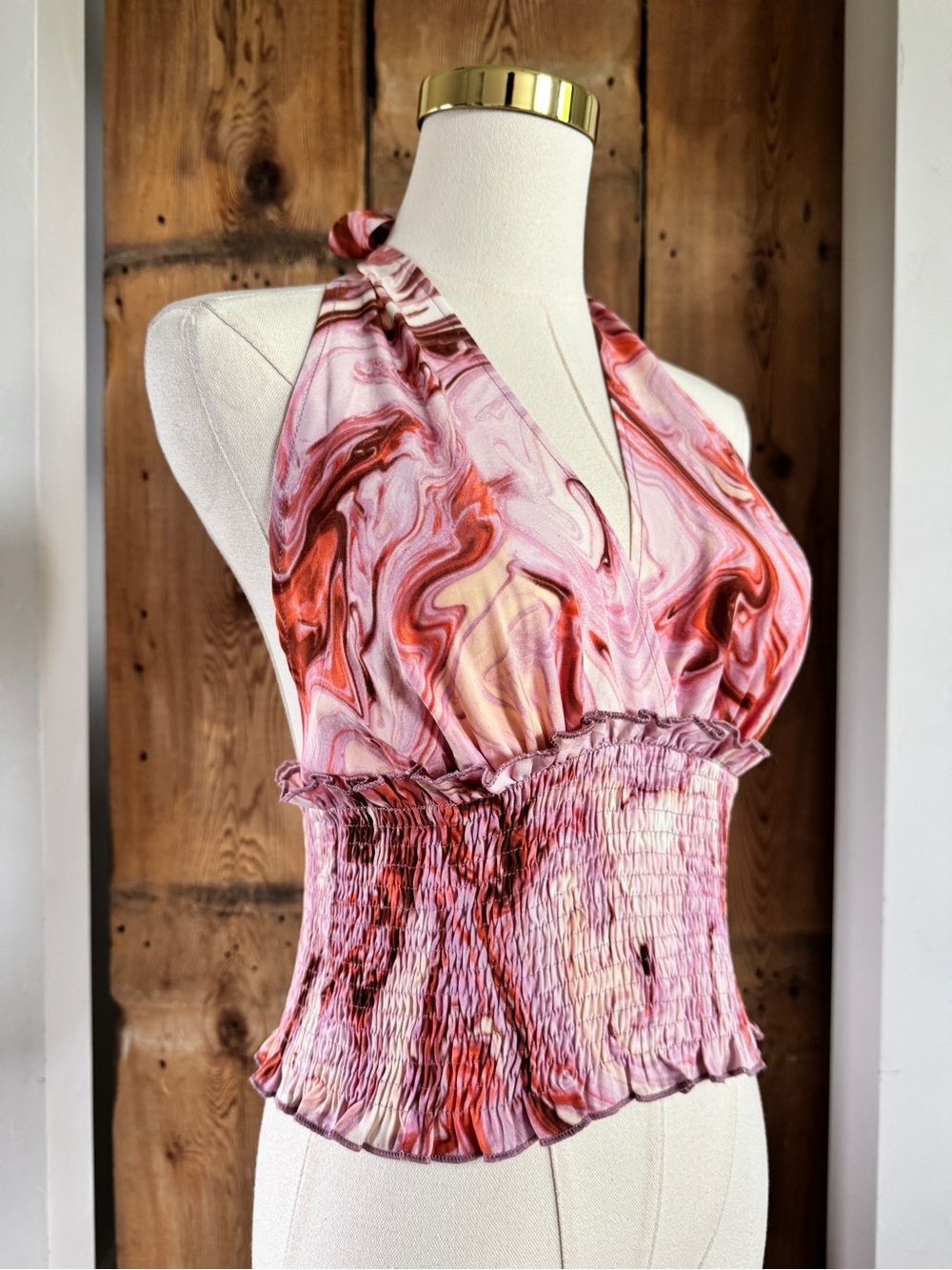 Sz S Sweet Rain Pink & Red Smocked Marbled Cropped Halter Neck Top EUC